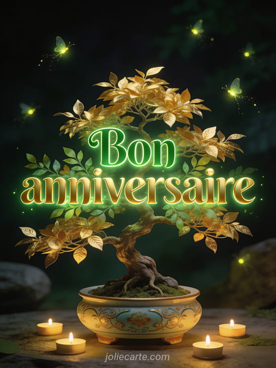 Bonsaï aux feuilles dorées dans un pot en céramique entouré de bougies flottantes et de lucioles scintillantes