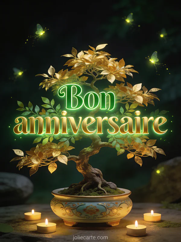 Bonsaï aux feuilles dorées dans un pot en céramique entouré de bougies flottantes et de lucioles scintillantes