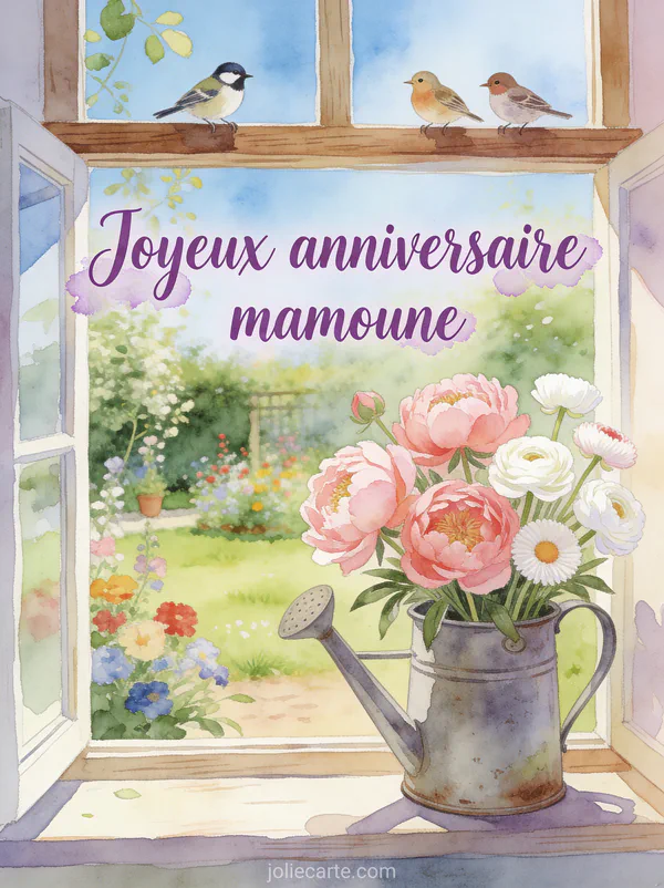 Pivoines et renoncules dans un arrosoir vintage en zinc sur un rebord de fenêtre avec jardin ensoleillé et petits oiseaux