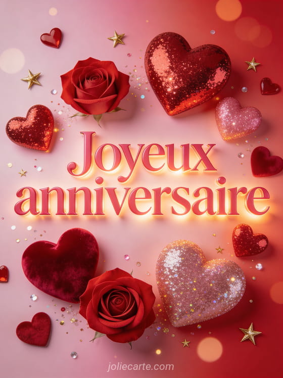 Composition de coeurs rouges et roses en différentes tailles avec paillettes et étoiles dorées sur fond dégradé rose et rouge