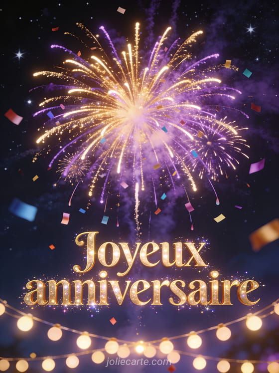 Feu d'artifice doré et violet dans un ciel nocturne étoilé avec confettis colorés et guirlandes lumineuses et le texte Joyeux anniversaire
