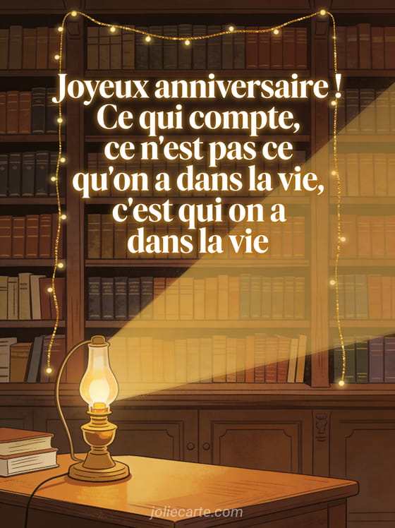 Bibliothèque ancienne en bois sombre avec livres reliés, lampe à huile allumée et guirlandes lumineuses