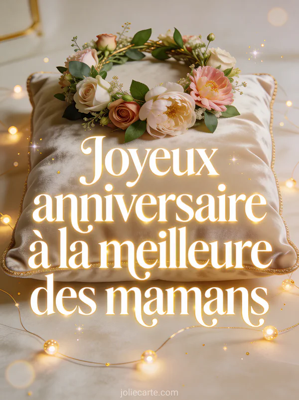 Couronne de fleurs fraîches avec roses pivoines et feuillage posée sur un coussin de velours avec lumières féeriques sur fond crème doré