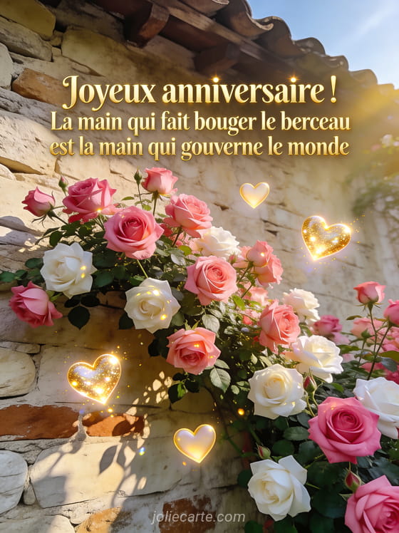 Rosier grimpant en pleine floraison sur un mur de pierre ancien avec coeurs lumineux et lumière dorée du matin