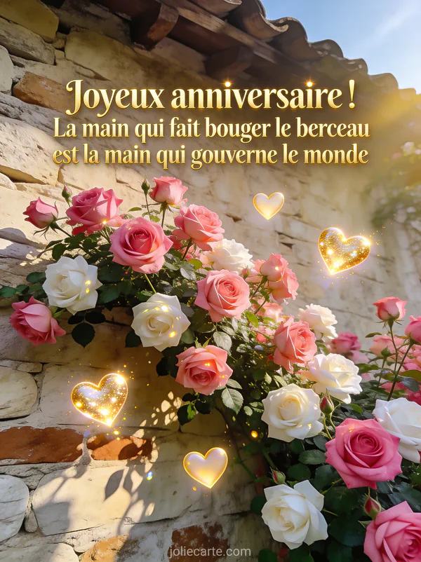 Rosier grimpant en pleine floraison sur un mur de pierre ancien avec coeurs lumineux et lumière dorée du matin