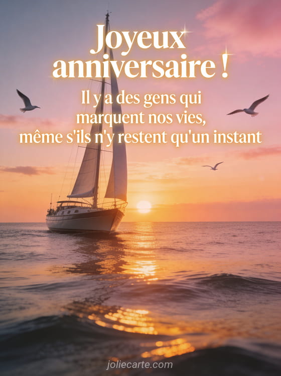 Voilier majestueux naviguant sur une mer calme au coucher du soleil avec reflets dorés et mouettes en vol