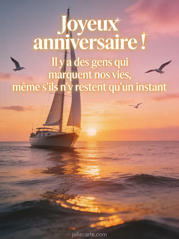 Voilier majestueux naviguant sur une mer calme au coucher du soleil avec reflets dorés et mouettes en vol