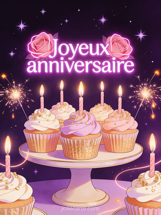Cupcakes décorés de crème pastel et paillettes dorées sur un présentoir élégant avec bougies sparkler sur fond violet étoilé