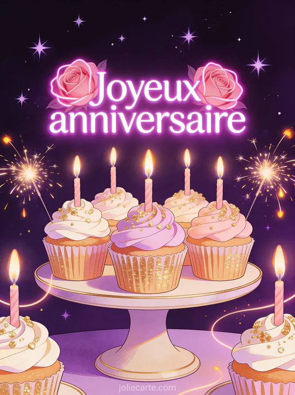 Cupcakes décorés de crème pastel et paillettes dorées sur un présentoir élégant avec bougies sparkler sur fond violet étoilé
