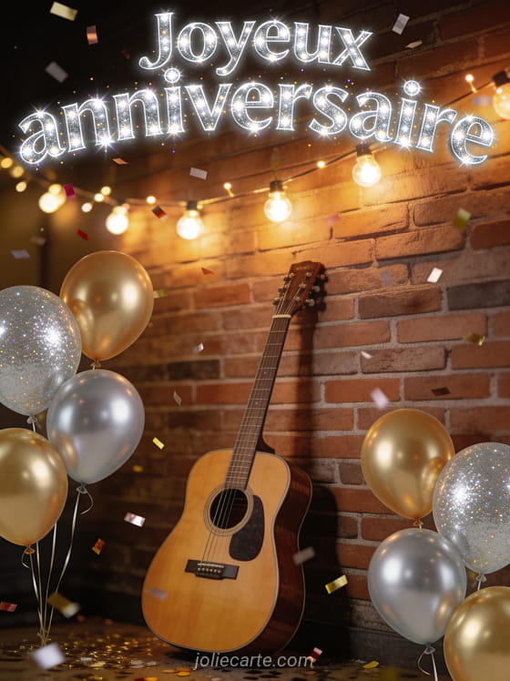 Guitare acoustique posée contre un mur de briques avec guirlandes lumineuses, ballons dorés et confettis