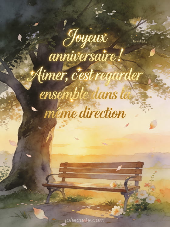 Banc en bois sous un grand chêne au coucher du soleil avec pétales de fleurs portés par le vent, style aquarelle