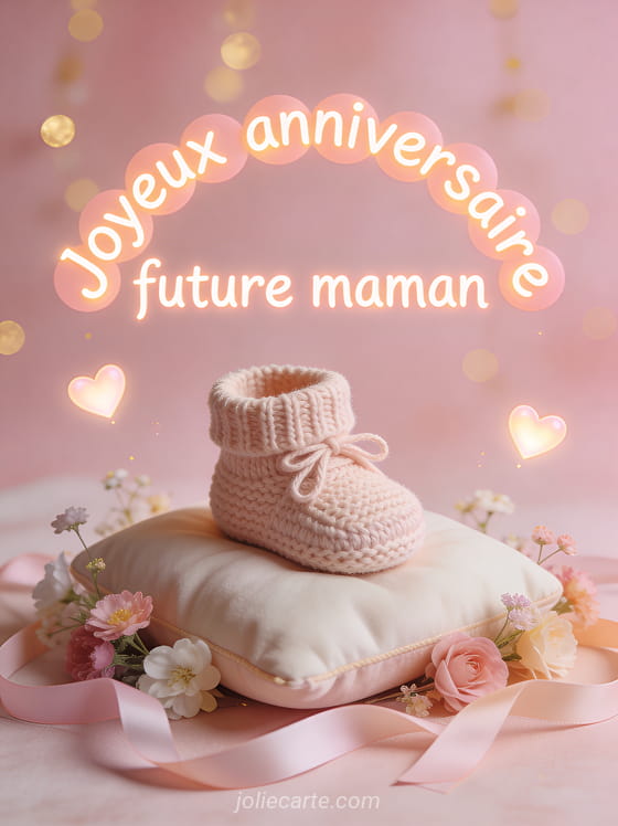 Petit chausson de bébé en tricot posé sur un coussin moelleux entouré de fleurs fraîches et rubans pastel avec coeurs lumineux