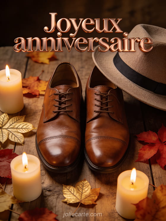 Chaussures en cuir marron et chapeau fedora sur table en bois rustique avec feuilles d'automne et bougies allumées