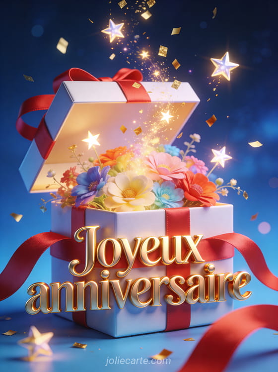 Boîte cadeau ouverte d'où s'échappent des fleurs colorées étoiles lumineuses et confettis dorés avec ruban satiné rouge sur fond bleu nuit