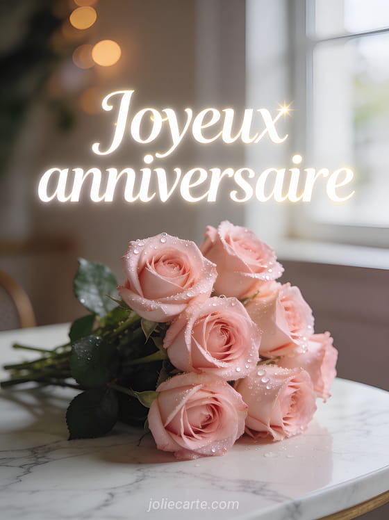 Bouquet de roses roses fraîches avec gouttes de rosée posé sur une table en marbre blanc avec lumière naturelle douce