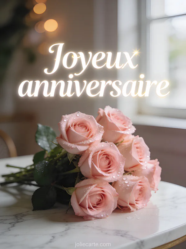 Bouquet de roses roses fraîches avec gouttes de rosée posé sur une table en marbre blanc avec lumière naturelle douce