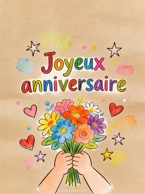 Dessin charmant d'un bouquet de fleurs multicolores tenu par deux petites mains avec coeurs et étoiles gribouillées sur fond papier kraft