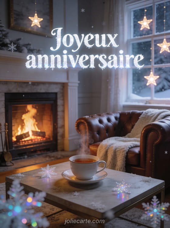 Fauteuil Chesterfield dans un salon chaleureux avec cheminée allumée, tasse de thé fumante et étoiles aux fenêtres