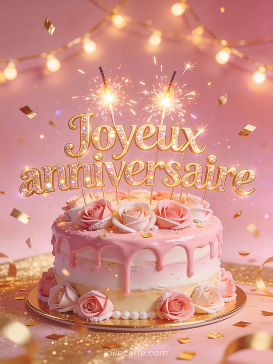 Gâteau d'anniversaire recouvert de glaçage rose décoré de roses en sucre avec sparklers allumés et confettis dorés sur fond rose et doré