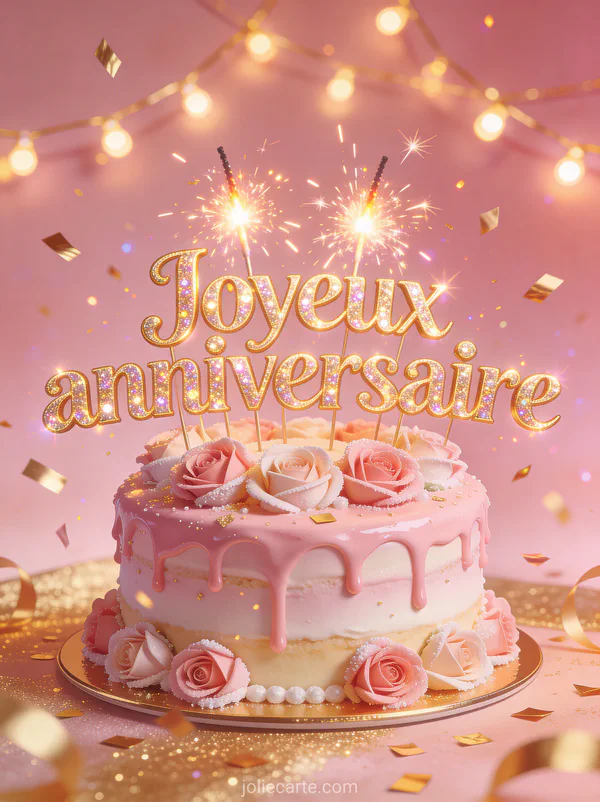 Gâteau d'anniversaire recouvert de glaçage rose décoré de roses en sucre avec sparklers allumés et confettis dorés sur fond rose et doré