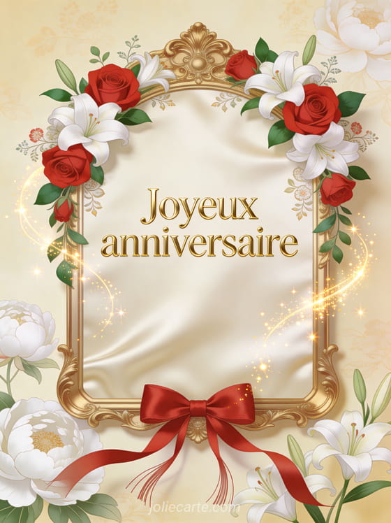 Cadre doré orné de roses rouges et lys blancs avec noeud en ruban de satin rouge et étincelles lumineuses