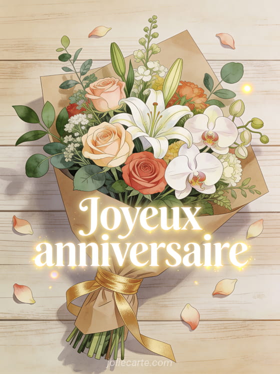 Somptueux bouquet de roses lys orchidées et feuillage luxuriant emballé dans du papier kraft avec ruban doré sur fond de bois clair