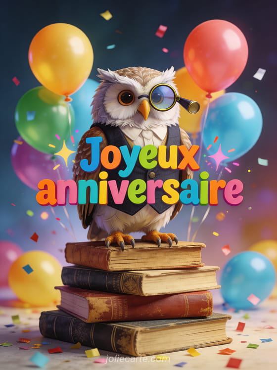Hibou sage avec monocle et gilet perché sur une pile de livres entouré de ballons et confettis, style clipart