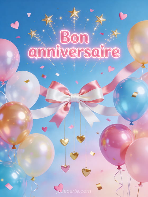 Ballons multicolores brillants avec noeud en ruban satiné étoiles filantes dorées et confettis en forme de coeurs sur fond bleu pastel