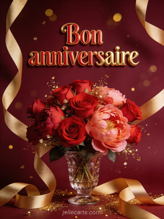 Bouquet de roses rouges et pivoines dans un vase en cristal avec rubans dorés et paillettes sur fond bordeaux