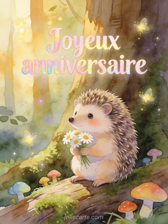 Hérisson adorable tenant un bouquet de marguerites sur un tronc moussu avec lucioles et champignons colorés