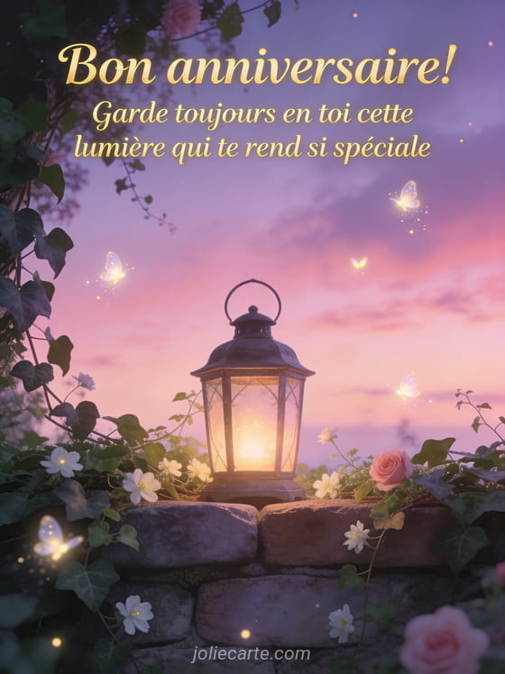 Lanterne ancienne allumée sur un muret de pierre entourée de lierre et petites fleurs avec lucioles sous un ciel crépusculaire rose et violet