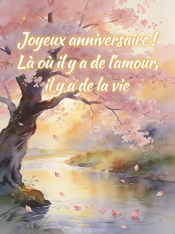 Arbre majestueux en fleurs de cerisier rose au bord d'une rivière avec pétales tombant sur l'eau, style aquarelle