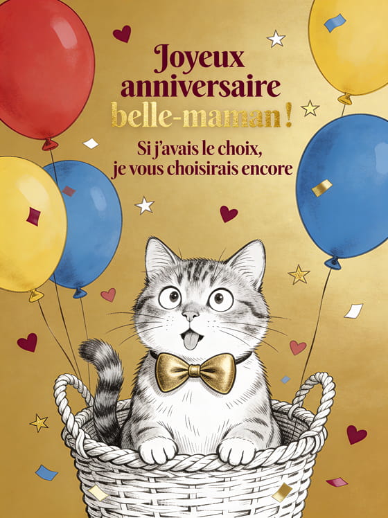 Chat espiègle portant un noeud papillon assis dans un panier entouré de ballons avec confettis sur fond doré festif