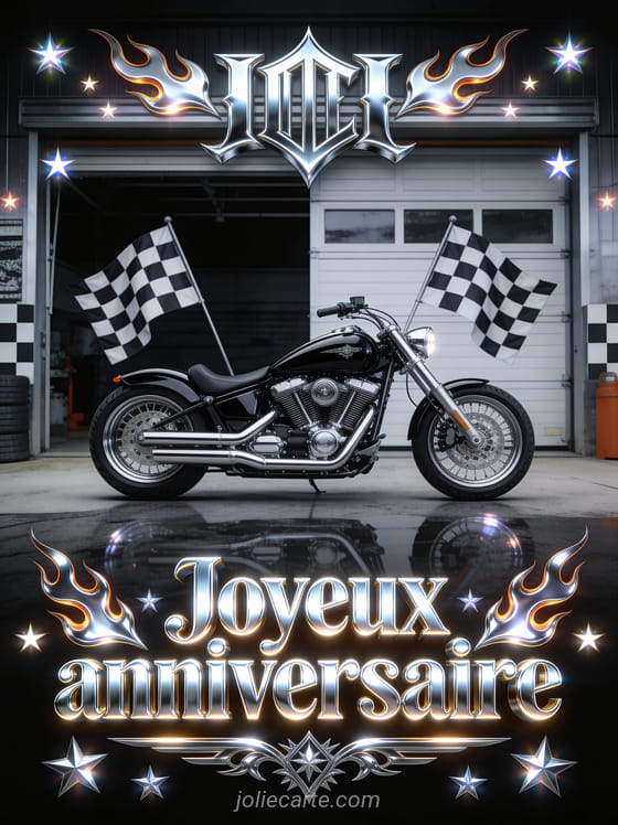 Moto custom vintage noire et chromée devant un garage avec drapeaux à damier, flammes et étoiles lumineuses