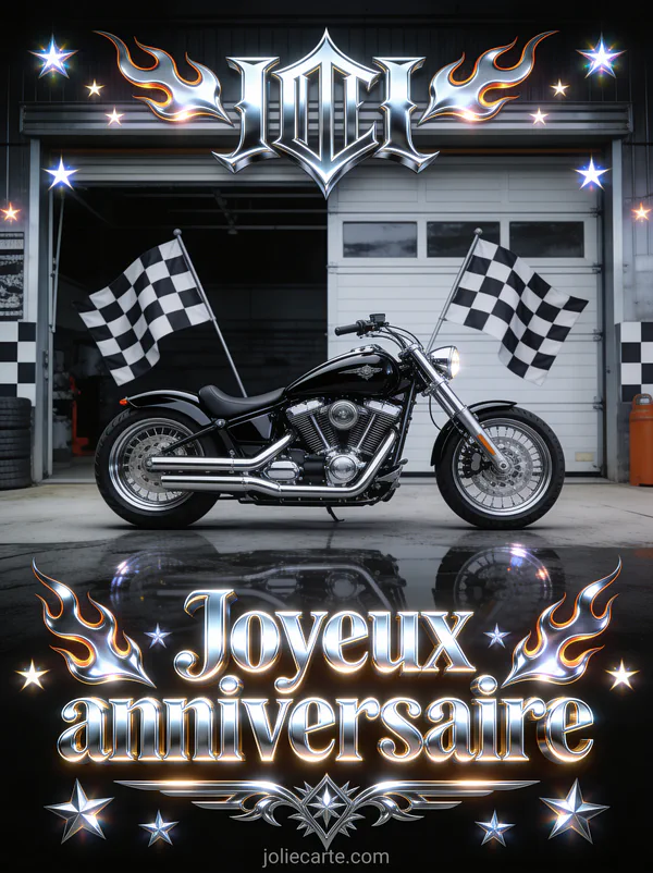 Moto custom vintage noire et chromée devant un garage avec drapeaux à damier, flammes et étoiles lumineuses
