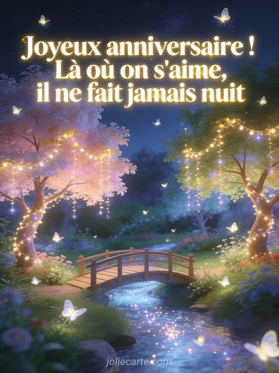 Jardin enchanté avec arbres illuminés par des guirlandes féeriques petit pont en bois au-dessus d'un ruisseau scintillant et lucioles