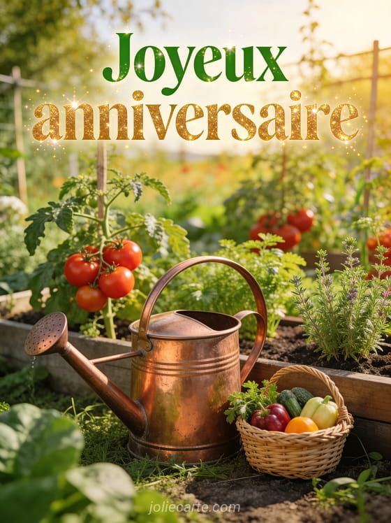 Jardin potager luxuriant avec tomates rouges, herbes aromatiques, arrosoir en cuivre et panier d'osier, lumière d'été