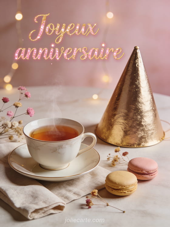 Chapeau de fête doré à côté d'une tasse de thé fumante sur une soucoupe en porcelaine fine avec fleurs séchées et macarons sur nappe en lin