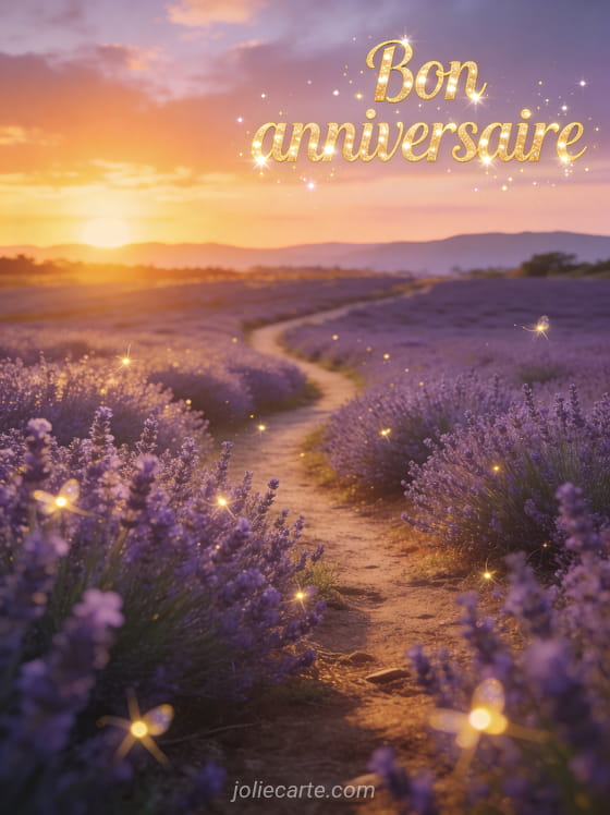 Coucher de soleil sur un champ de lavande en Provence avec chemin de terre et lucioles lumineuses