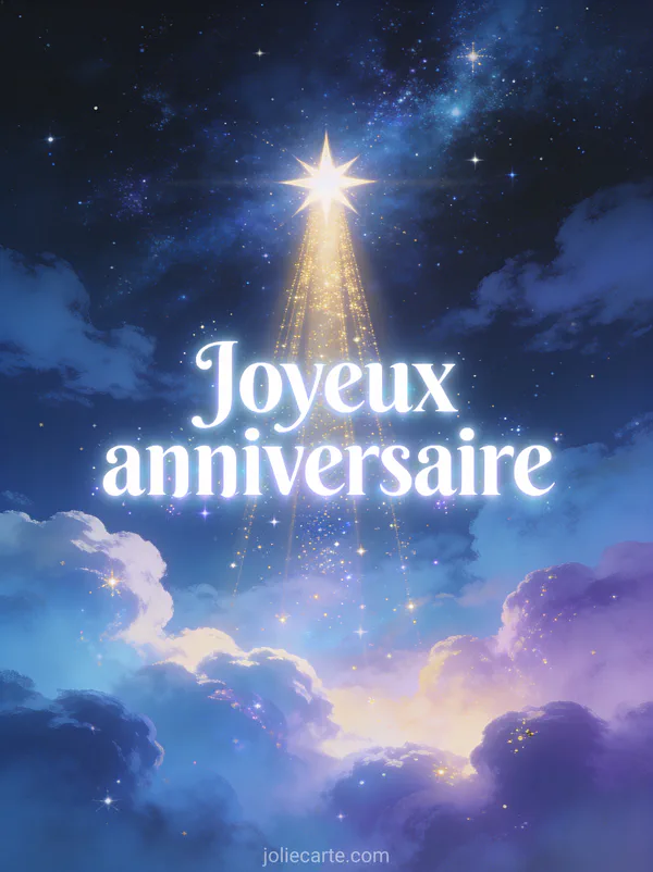 Ciel étoilé avec une étoile brillante, nuages lumineux bleus et violets et rayons de lumière dorée céleste