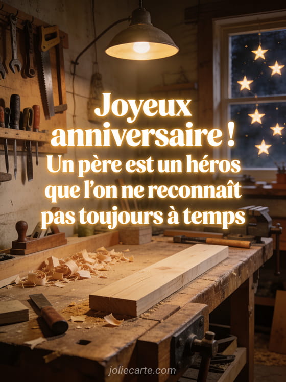 Atelier de menuiserie chaleureux avec outils accrochés au mur, copeaux de bois et lampe chaude éclairant l'établi