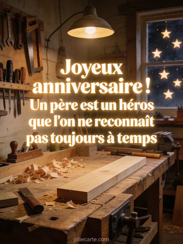 Atelier de menuiserie chaleureux avec outils accrochés au mur, copeaux de bois et lampe chaude éclairant l'établi