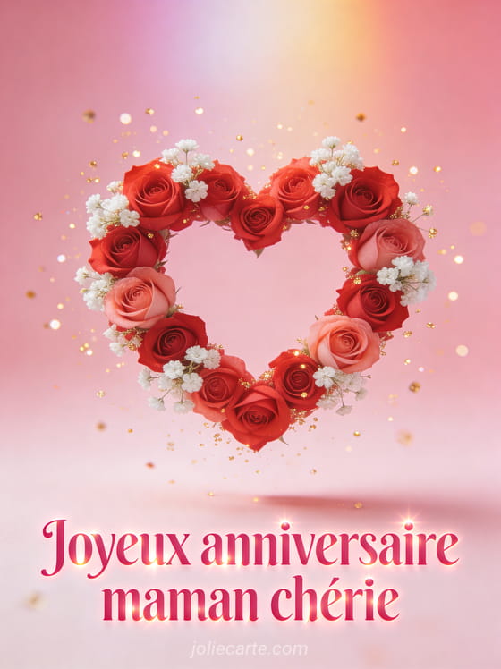 Grand coeur composé de petites roses rouges et roses avec gypsophile blanc et paillettes dorées scintillantes sur fond rose tendre