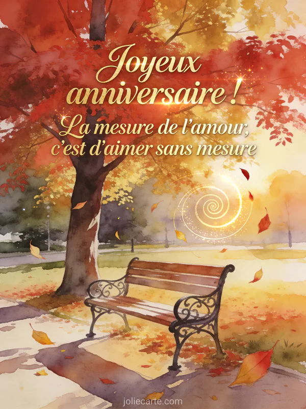 Parc en automne avec banc en fer forgé sous un érable aux feuilles rouges et dorées, style aquarelle sophistiquée