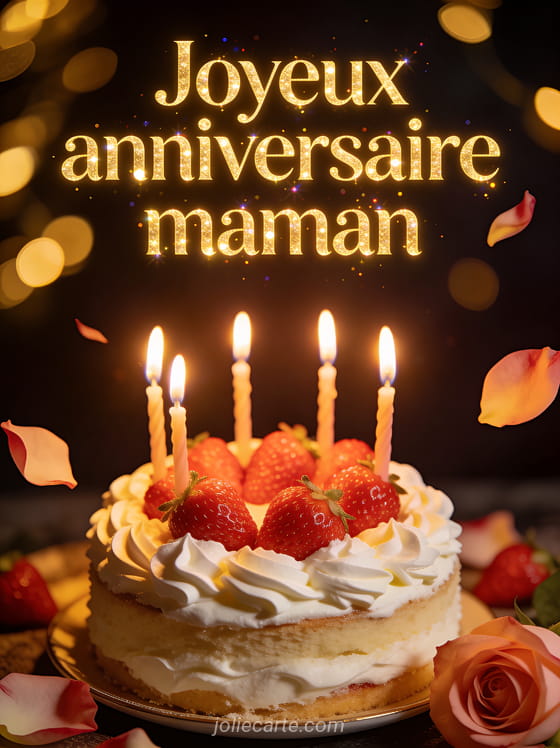 Bougies d'anniversaire allumées sur un gâteau recouvert de crème fouettée et fraises fraîches avec pétales de rose sur fond sombre doré