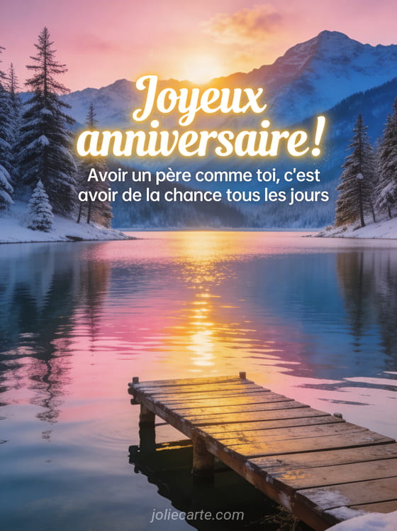 Lac de montagne au lever du soleil avec reflets dorés et roses, sapins enneigés et petit ponton en bois