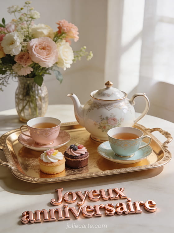 Théière vintage avec tasses assorties sur un plateau doré avec petits gâteaux et fleurs fraîches en lumière naturelle d'après-midi