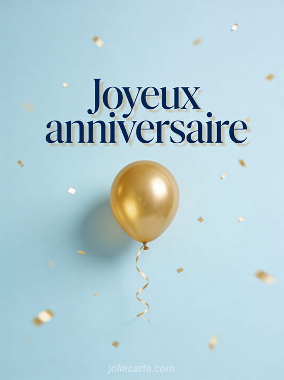 Fond épuré bleu clair avec ballon doré flottant, ruban et confettis dorés, style minimaliste raffiné