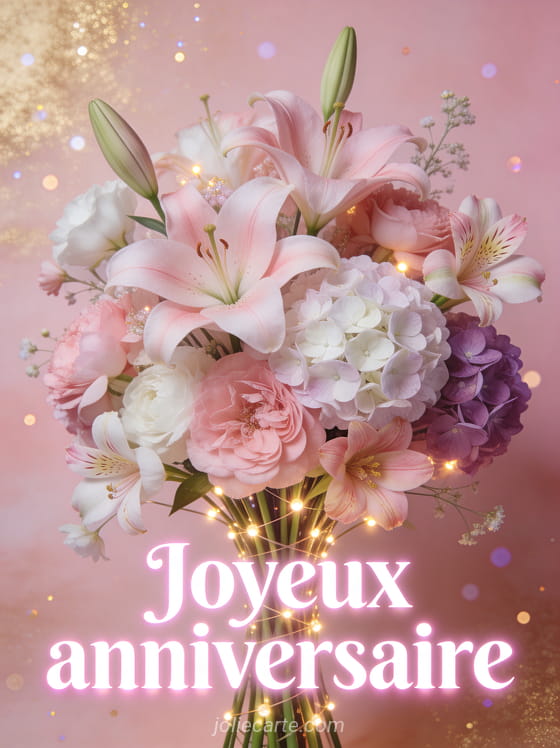 Somptueux bouquet de fleurs roses blanches et mauves avec lys hortensias et freesias entrelacés de lumières scintillantes sur fond rose doré