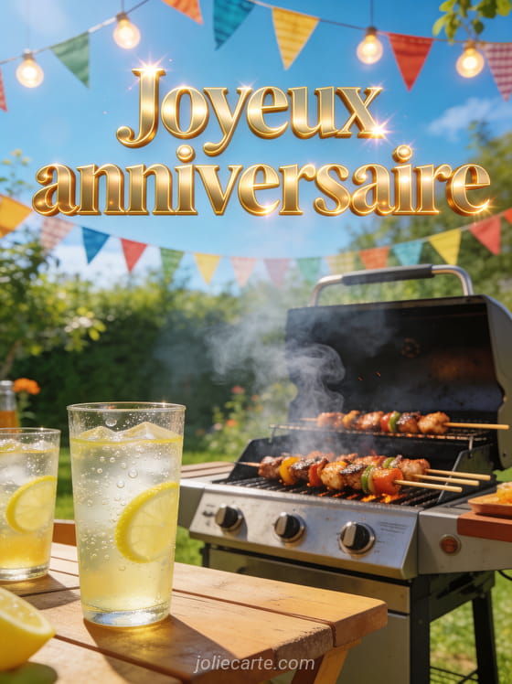 Barbecue fumant dans un jardin d'été avec brochettes, verres de limonade, guirlandes de fanions et ciel bleu